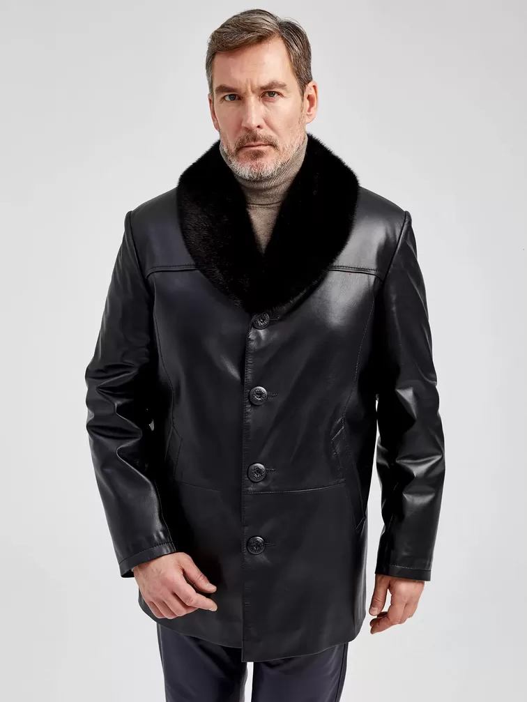 Кожаная куртка зимняя премиум класса мужская 534мех, с мехом норки, черная, р. 46, арт. 40492-3