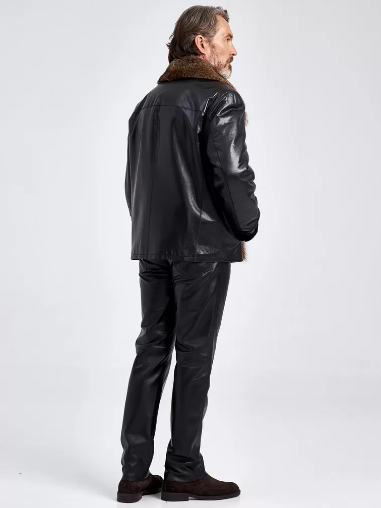Кожаная куртка зимняя премиум класса мужская 4365, воротник с мехом соболя, черная, p. 58, арт. 40670-2