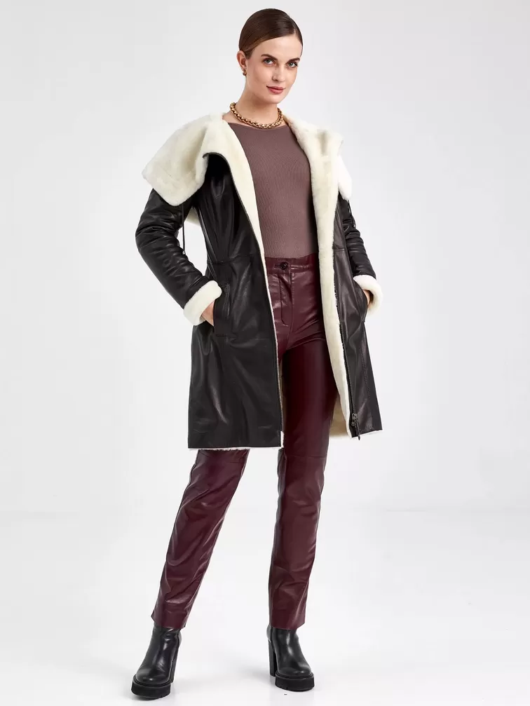 Кожаное пальто зимнее женское 390мех, с капюшоном, черное - белое, р. 50, арт. 91810-5
