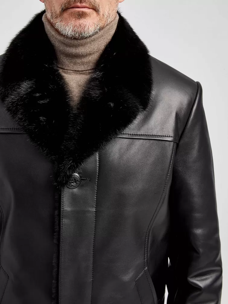 Кожаное пальто зимнее премиум класса мужское 533мех, воротник с мехом норки, черное, р. 50, арт. 71062-2