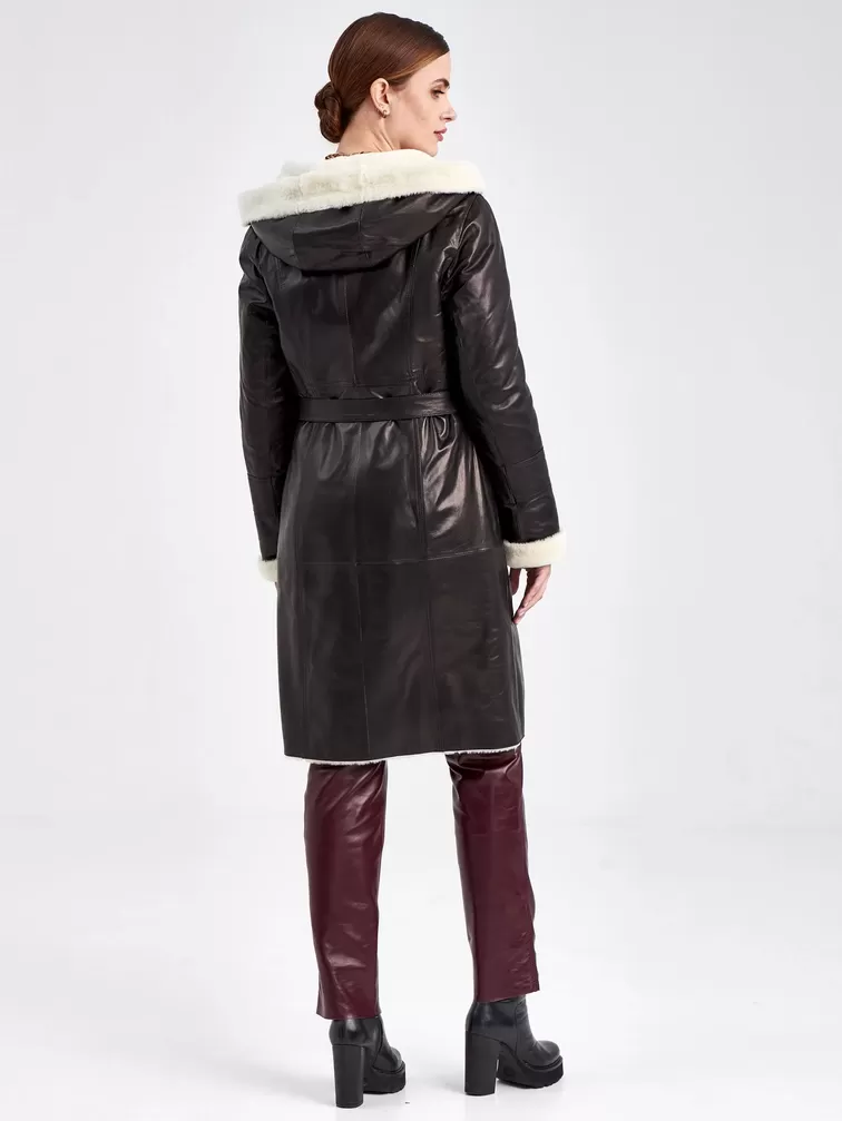 Кожаное пальто зимнее женское 392мех, с капюшоном, с поясом, черно-белое, р. 48, арт. 91840-2