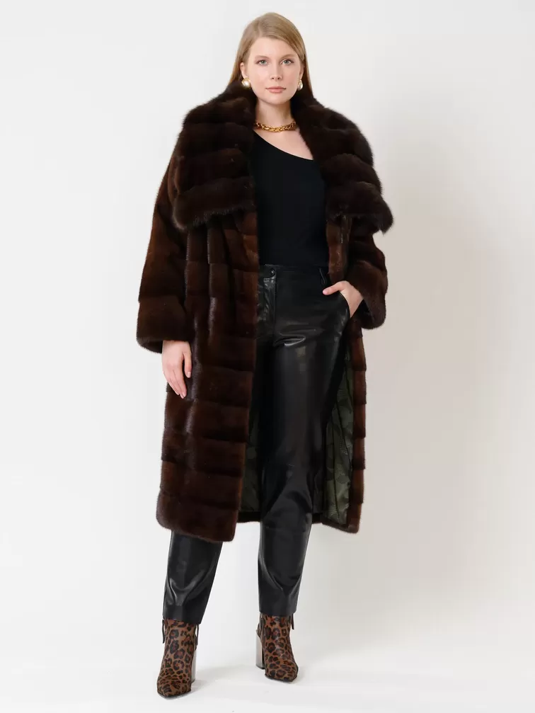 Пальто из меха норки с соболем женское 1150в, длинное, темно-коричневое, арт. 32790-3