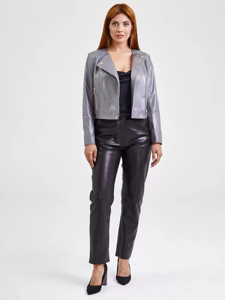 Кожаный комплект женский: Куртка 389 + Брюки 03, серый/черный, р. 42, арт. 111117-0
