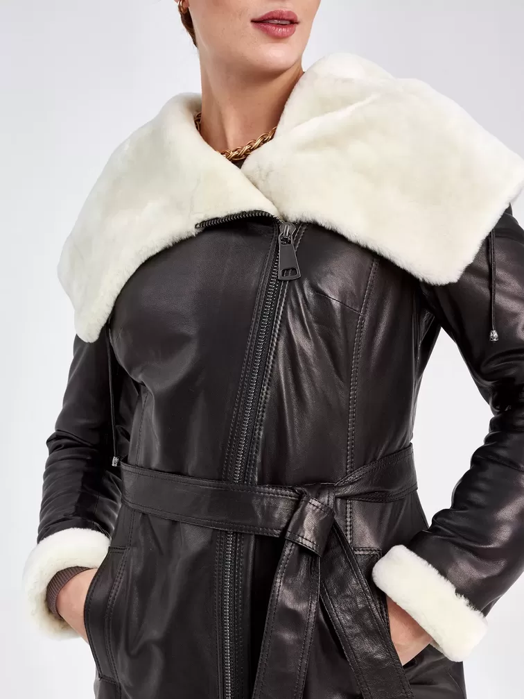 Кожаное пальто зимнее женское 390мех, с капюшоном, черное - белое, р. 50, арт. 91810-4