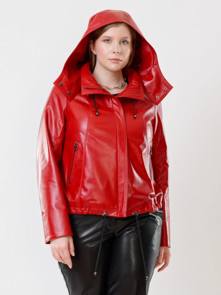 Кожаная женская куртка бомбер с капюшоном 305, красная, размер 48, артикул 91440-6