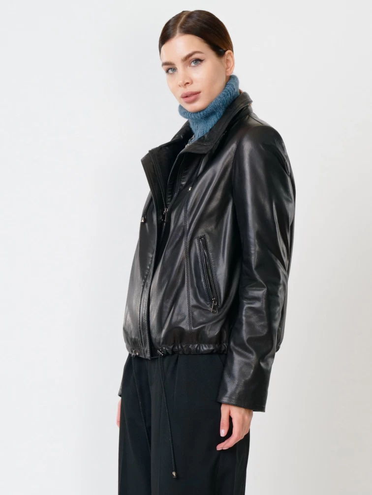 Кожаная куртка женская 305, с капюшоном, черная, размер 50, артикул 90820-1