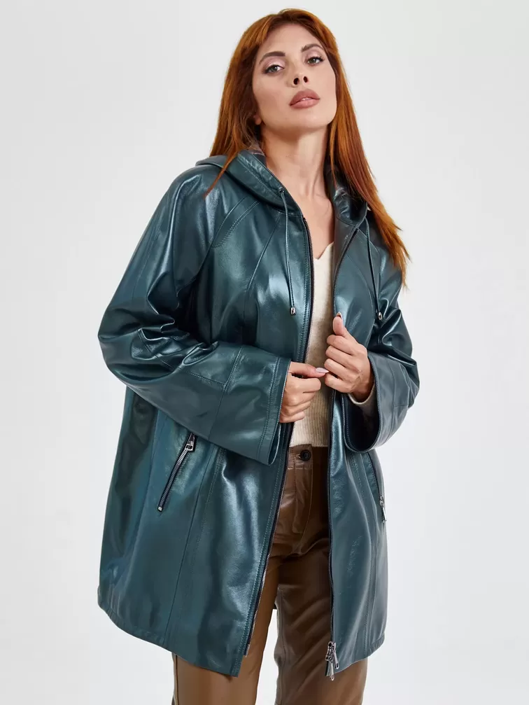 Кожаный комплект: Куртка женская 383 + Брюки женские 03, изумрудный/коричневый, р. 48, арт. 111173-4