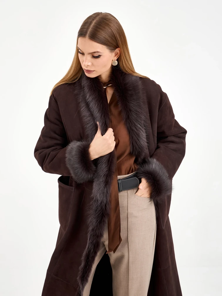 Коричневая женская дубленка из тосканы 2020, коричневая, размер 42, артикул 65090-7