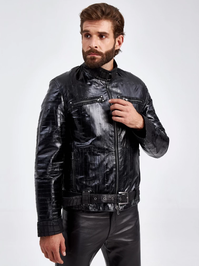 Кожаная зимняя мужская куртка из кожи морского угря на подкладке из овчины тиградо ZE/F-7785, черная, размер 46, артикул 29490-5