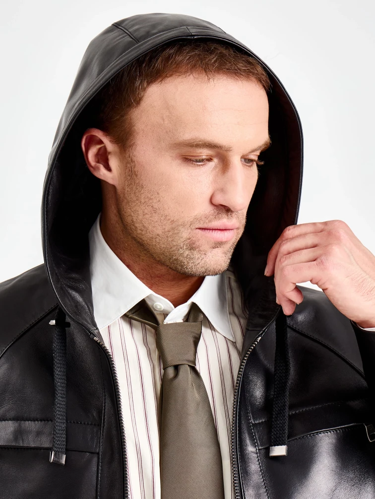 Мужская черная кожаная куртка с капюшоном премиум класса 552, размер 48, артикул 29840-2