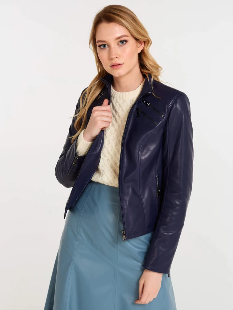 Кожаный комплект женский: Куртка 3004 + Юбка 01рс, синий/голубой, размер 44, артикул 111122-3