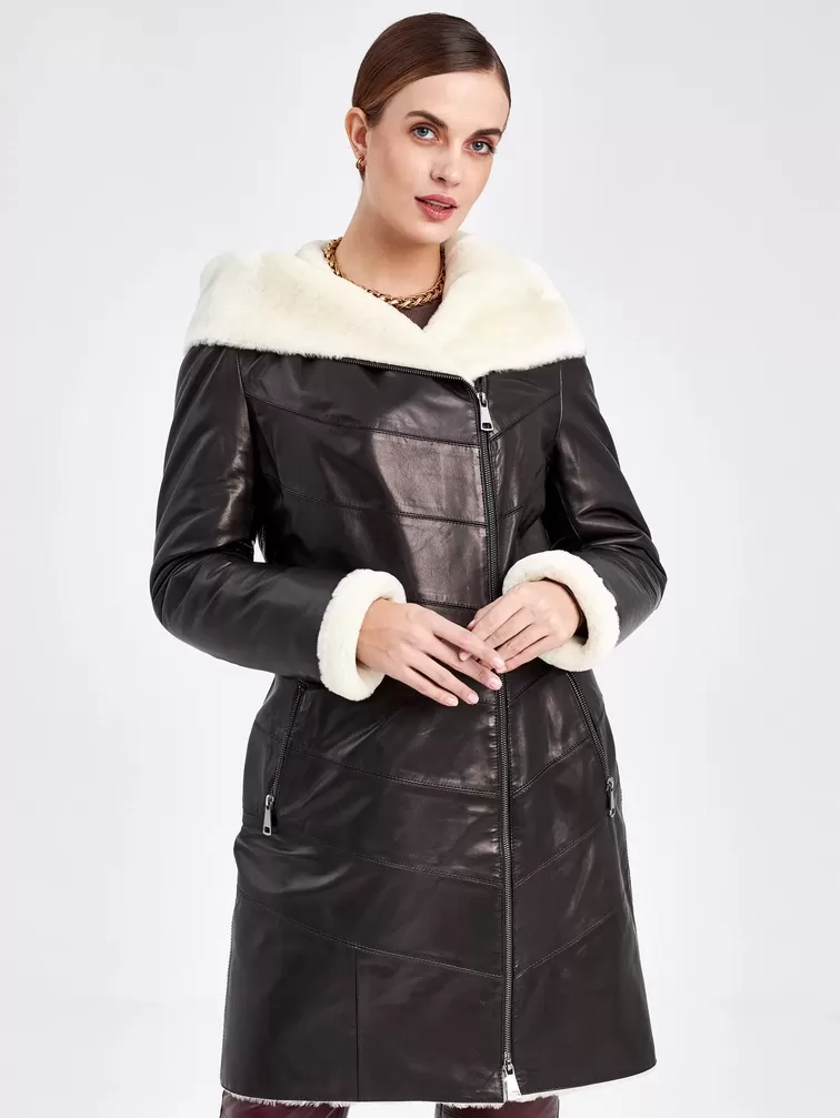 Кожаное пальто зимнее женское 391мех, с капюшоном, черное - белое, р. 46, арт. 91830-0