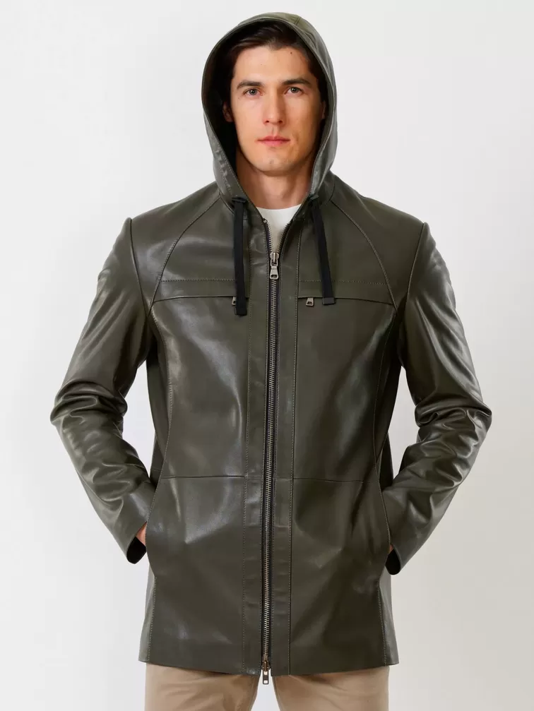 Кожаная куртка премиум класса мужская 552, с капюшоном, оливковая, р. 48, арт. 28760-6