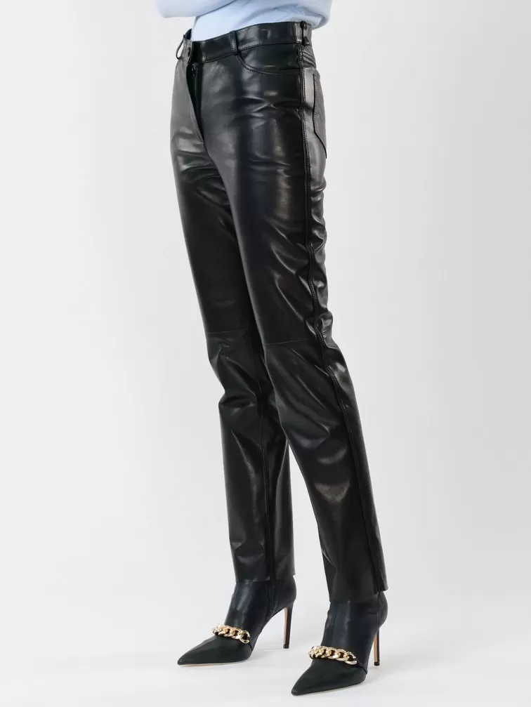 Кожаные зауженные брюки женские 02, из натуральной кожи, черные, р. 42, арт. 85230-4