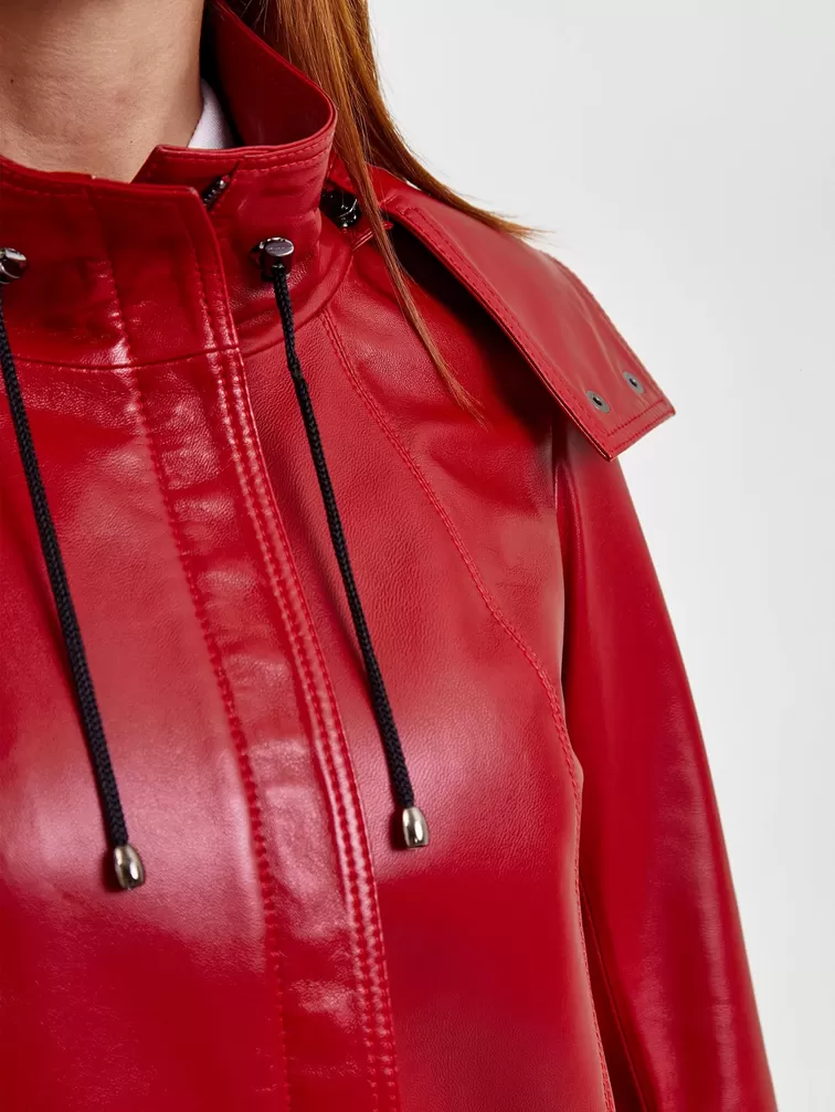 Кожаная куртка женская 305, с капюшоном, красная, р. 48, арт. 91741-2
