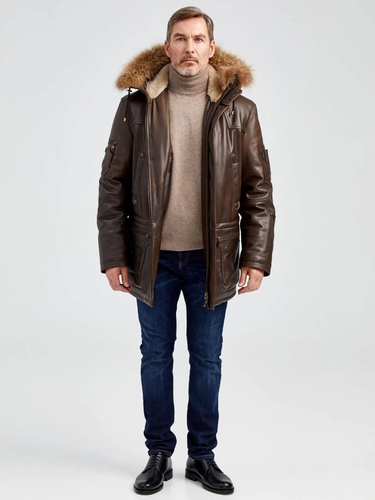 Утепленная мужская кожаная куртка аляска с мехом енота Алекс, светло-коричневая, размер 44, артикул 40451-4