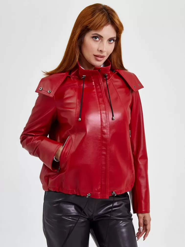 Кожаная куртка женская 305, с капюшоном, красная, р. 44, арт. 91741-5
