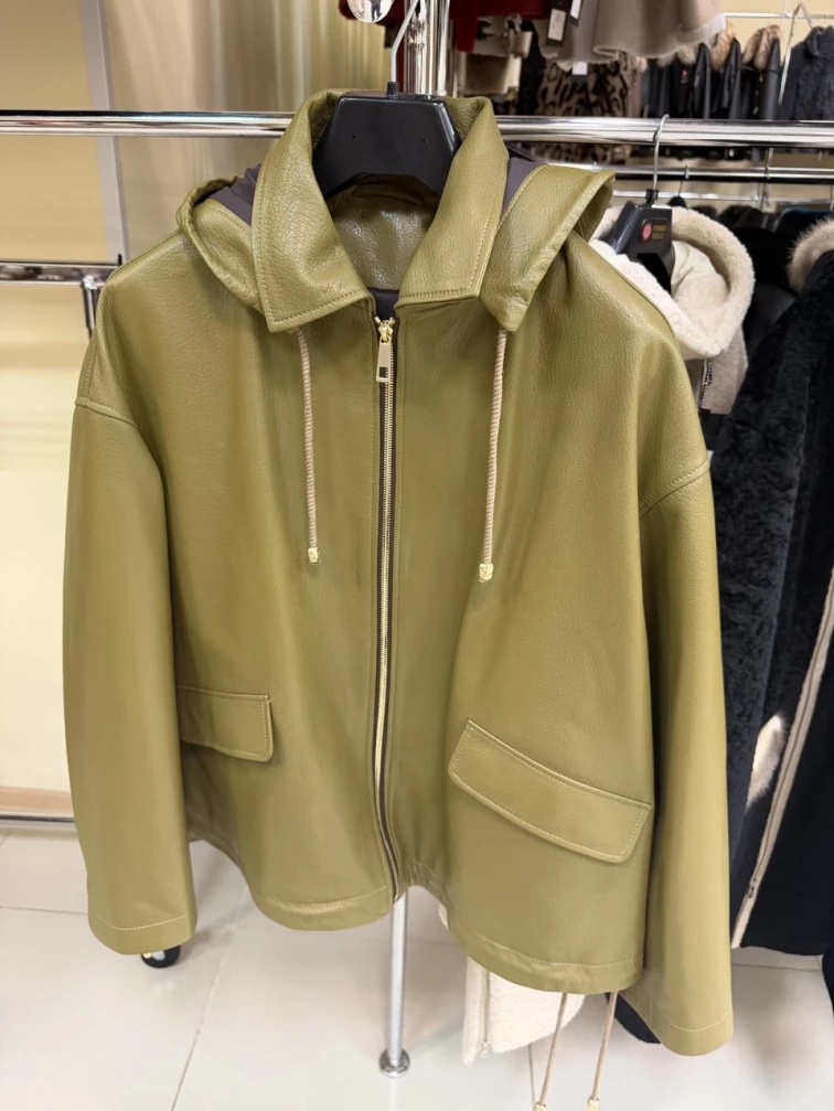 Женская кожаная куртка с капюшоном премиум класса 3102, зеленая, размер 44, артикул 92160-0