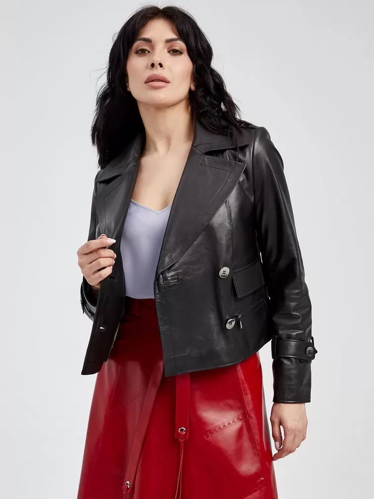 Кожаный двубортный пиджак женский 3014, черный, р. 46, арт. 91571-0