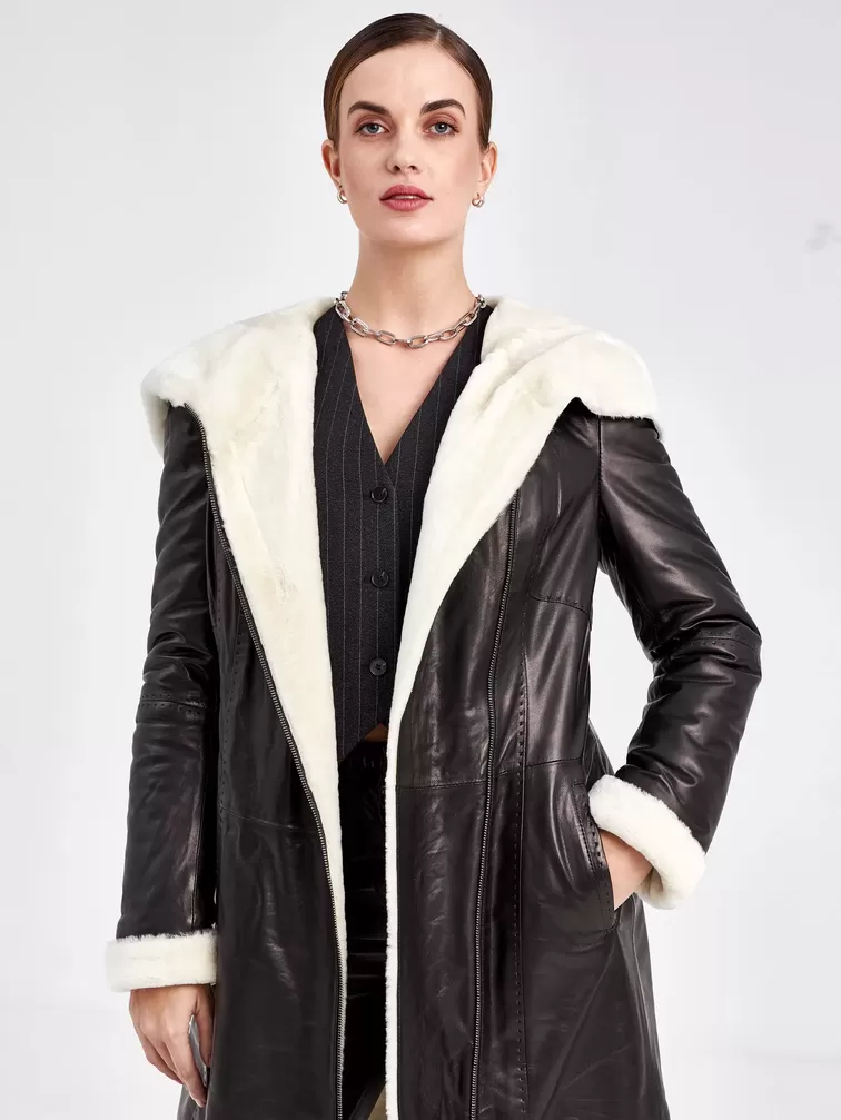 Кожаное пальто зимнее женское 394мех, с капюшоном, черное / белое, р. 50, арт. 91880-3
