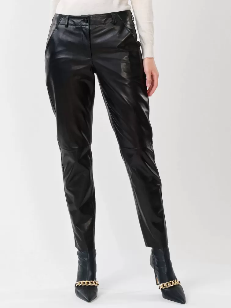 Кожаные зауженные брюки женские 03, из натуральной кожи, черные, р. 48, арт. 85240-3