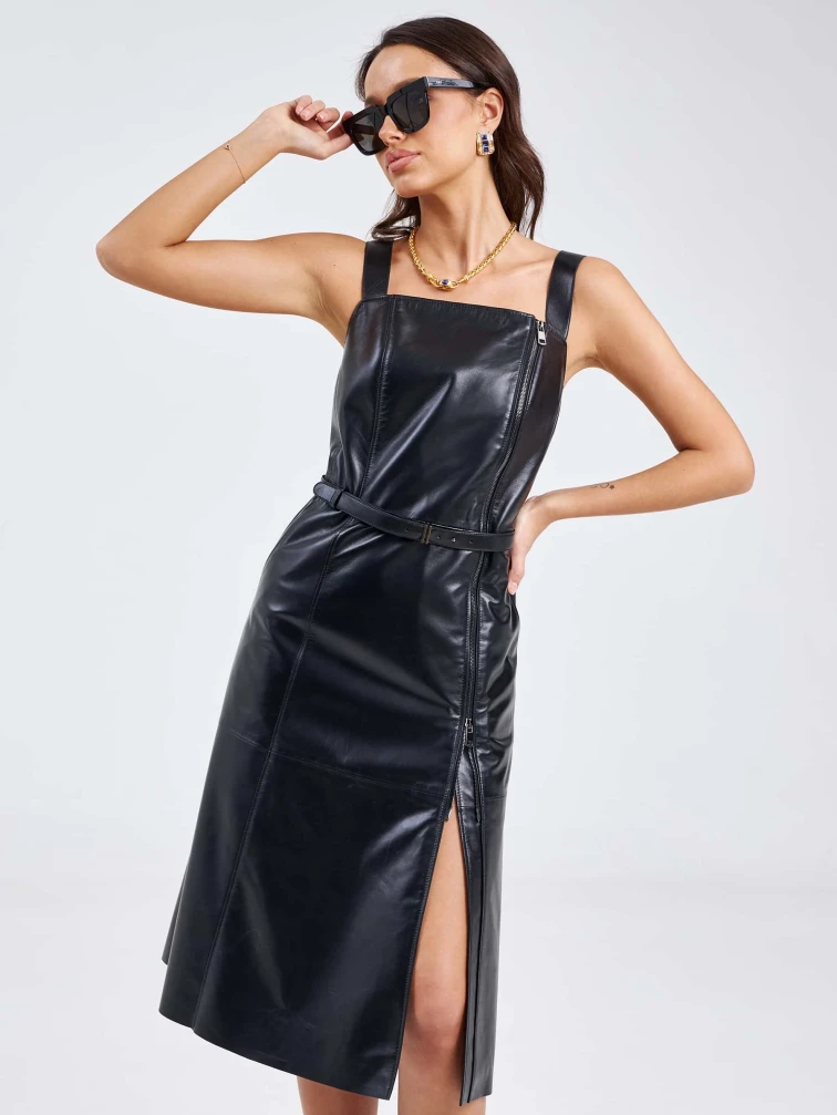 Женский сарафан из натуральной кожи 03, черный, размер 50, артикул 85200-1