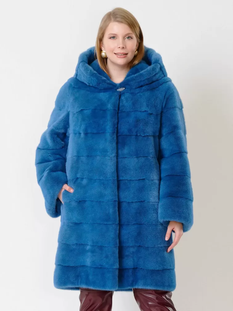 Пальто из меха норки женское 245к, с капюшоном, голубое, р. 52, арт. 32780-6