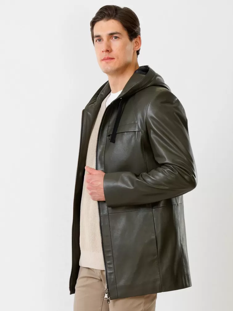 Кожаная куртка премиум класса мужская 552, с капюшоном, оливковая, р. 48, арт. 28760-5