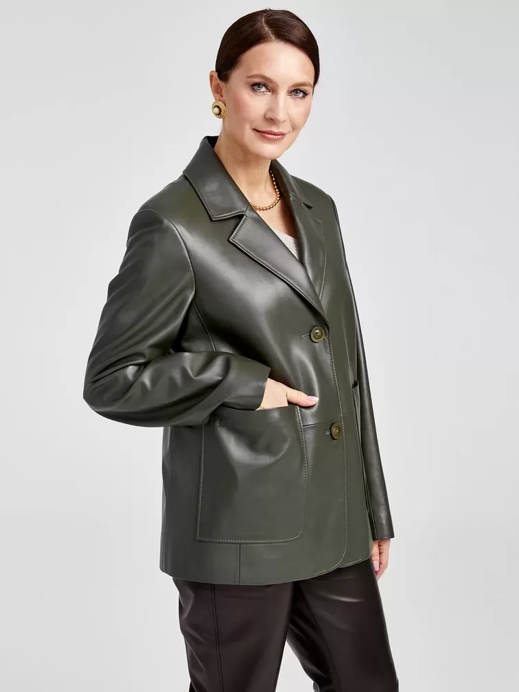 Кожаный пиджак женский 3016, оливковый, р. 46, арт. 91630-3