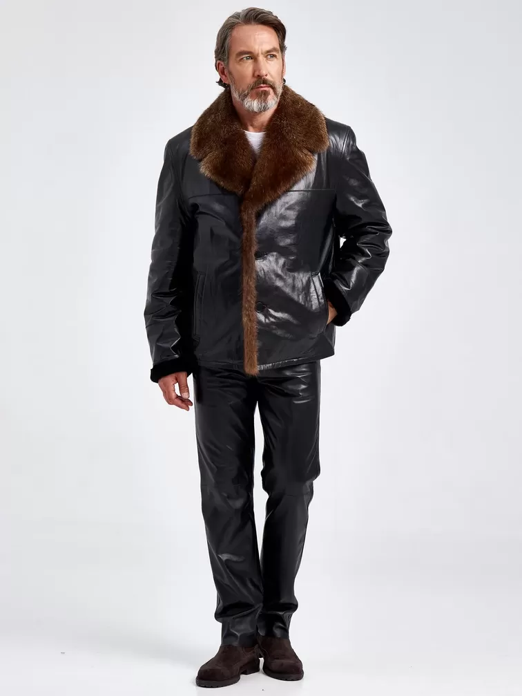 Кожаная куртка зимняя премиум класса мужская 4365, воротник с мехом соболя, черная, p. 58, арт. 40670-5
