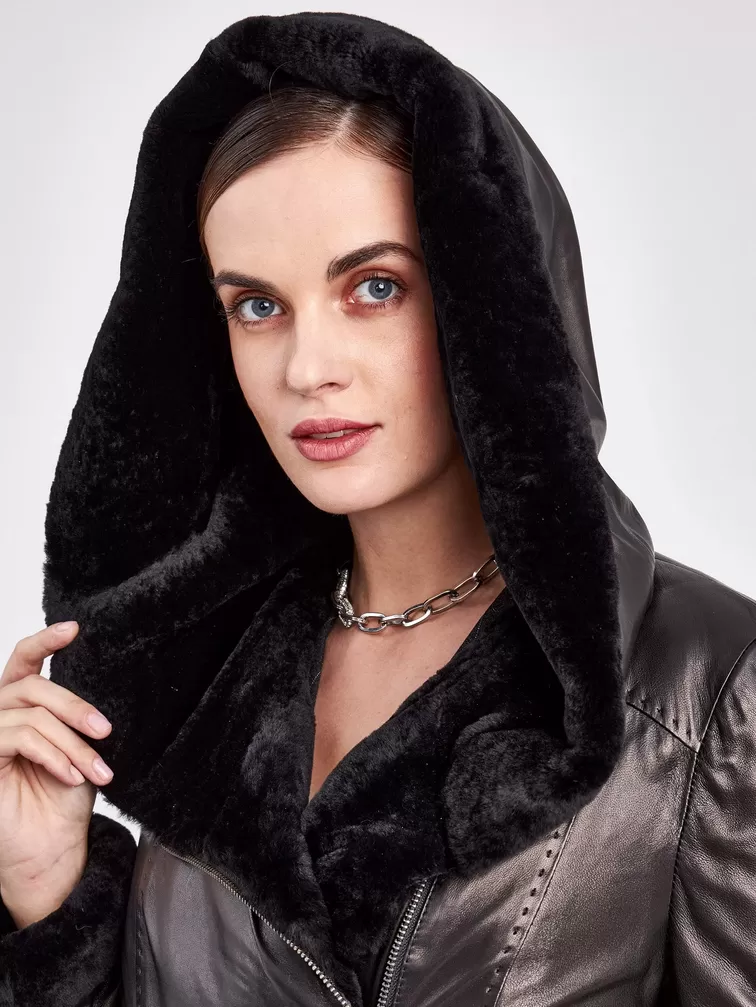 Кожаное пальто зимнее женское 394мех, с капюшоном, черное, р. 50, арт. 91870-4