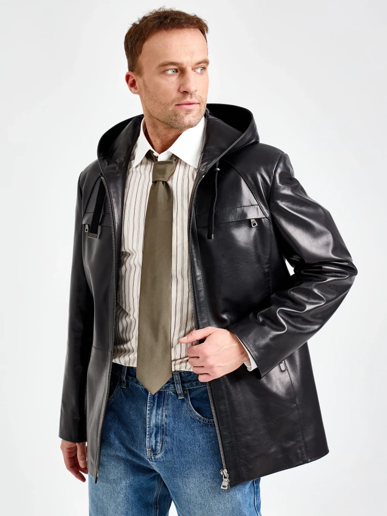 Мужская черная кожаная куртка с капюшоном премиум класса 552, размер 48, артикул 29840-6