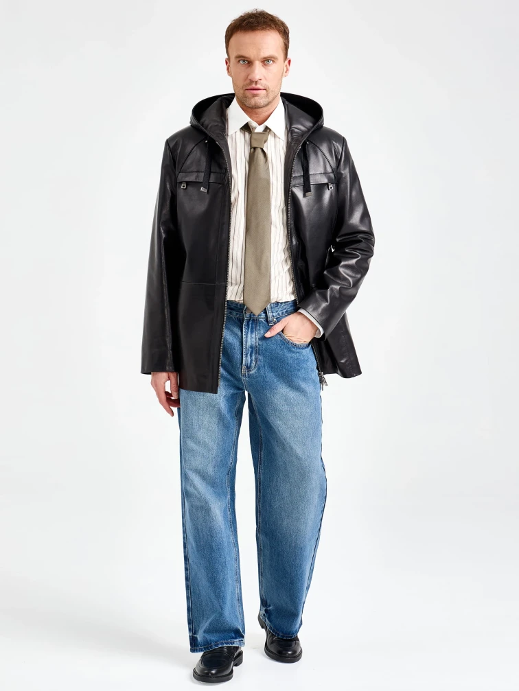 Мужская черная кожаная куртка с капюшоном премиум класса 552, размер 48, артикул 29840-0