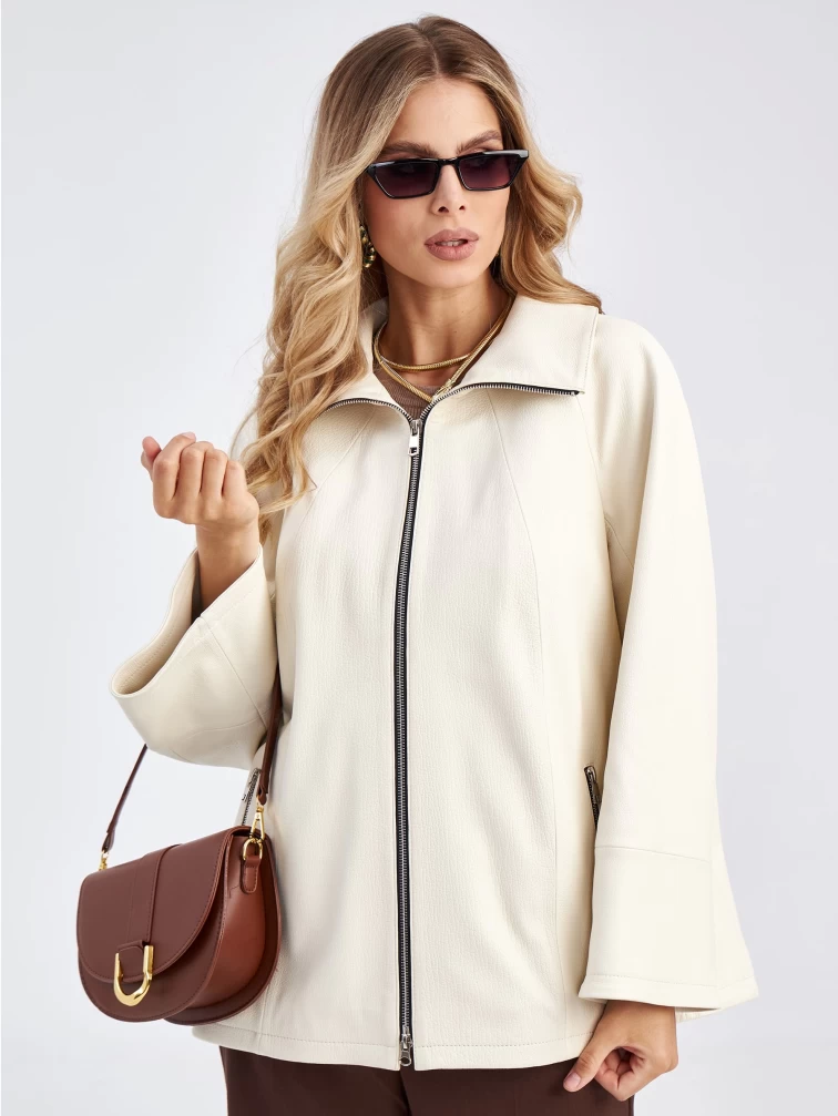 Кожаная женская куртка оверсайз премиум класса 3046, белая, размер 54, артикул 23280-3