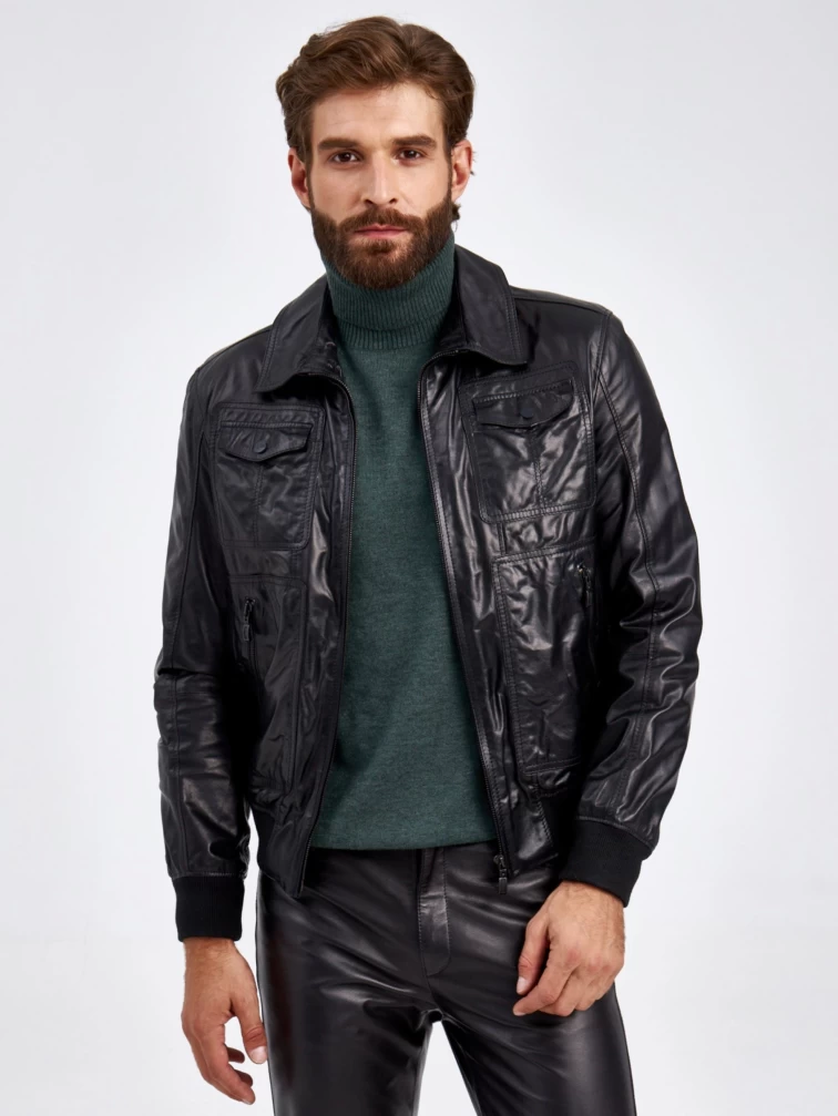 Кожаная куртка бомбер мужская 2010-16, черная, размер 50, артикул 29350-3
