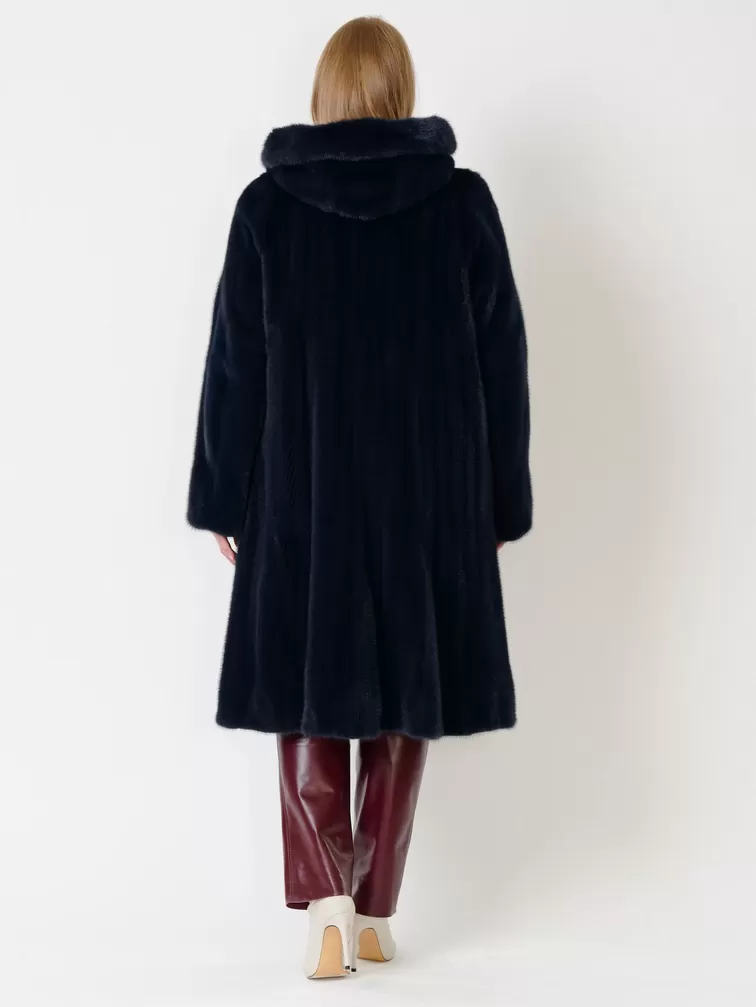 Пальто из меха норки женское 4021к, с капюшоном, синее, р. 52, арт. 32730-5