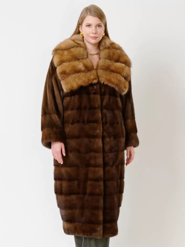Пальто из меха норки с соболем женское 1150в, длинное, коричневое, арт. 32750-0