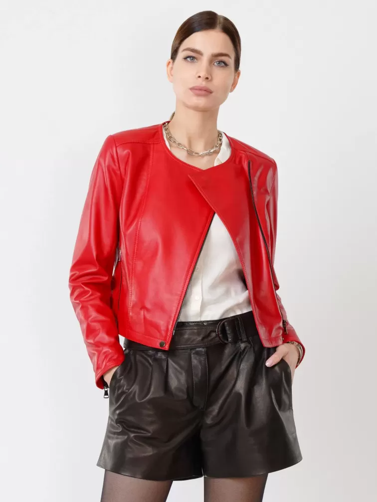 Кожаный комплект женский: Куртка 389 + Шорты 01, красный/черный, размер 42, артикул 111113-4