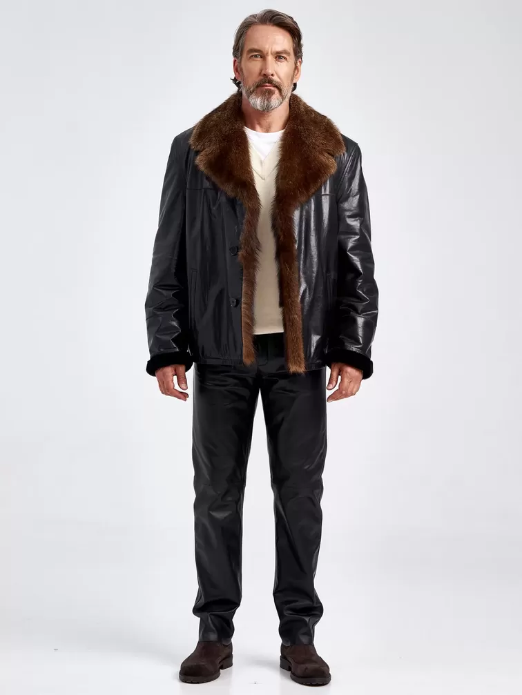 Кожаная куртка зимняя премиум класса мужская 4365, воротник с мехом соболя, черная, p. 58, арт. 40670-1
