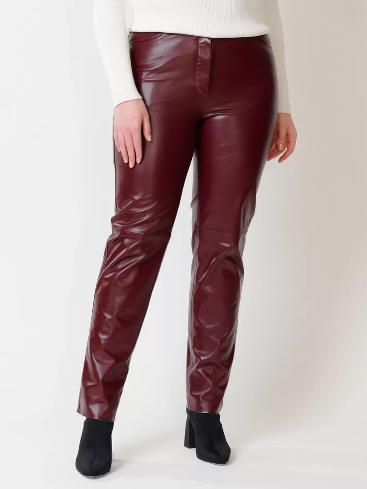 Кожаные зауженные брюки женские 02, из натуральной кожи, бордовые, р. 42, арт. 85490-6