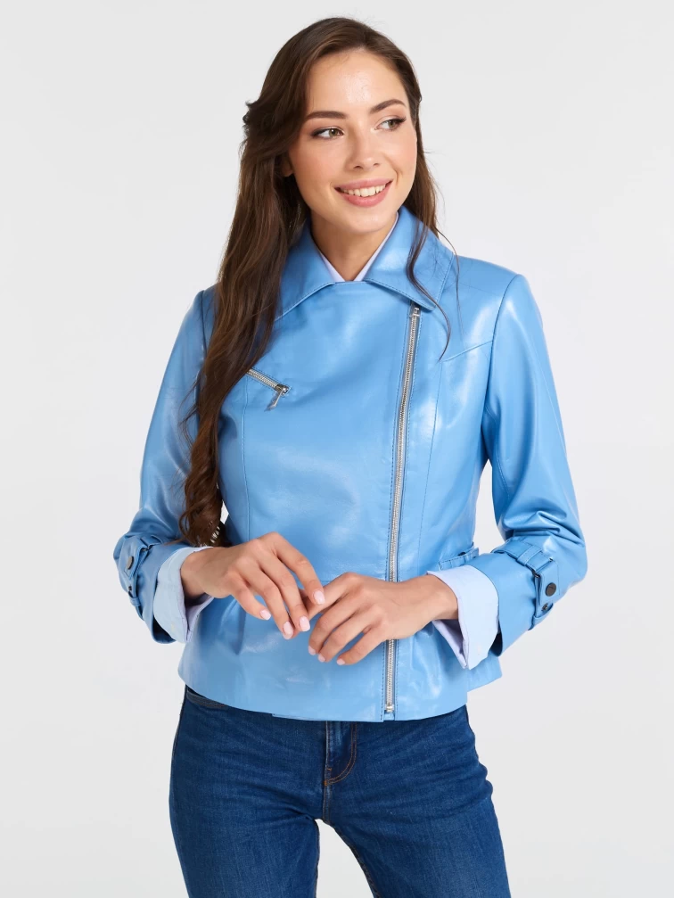 Кожаная куртка косуха женская 307, голубой перламутр, размер 44, артикул 90550-1