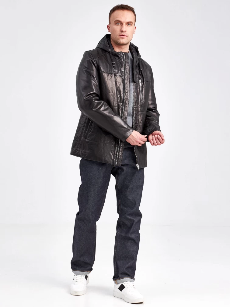 Кожаная куртка мужская 5488, с капюшоном, черная, р. 52 , арт. 41020-1