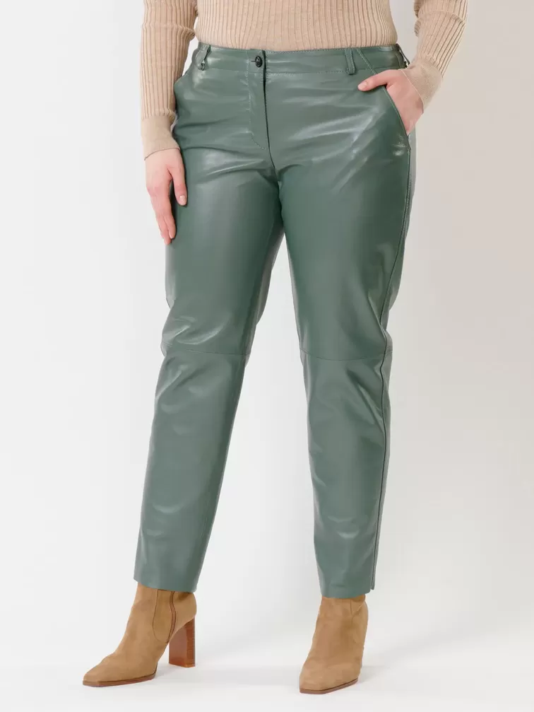 Кожаные зауженные брюки женские 03, из натуральной кожи, оливковые, р. 46, арт. 85381-4