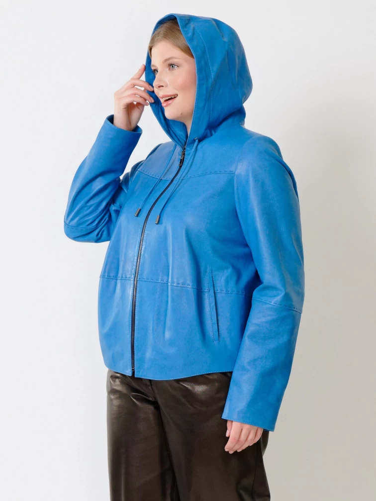 Женская кожаная куртка с капюшоном 308рс, голубая, размер 54, артикул 91221-6