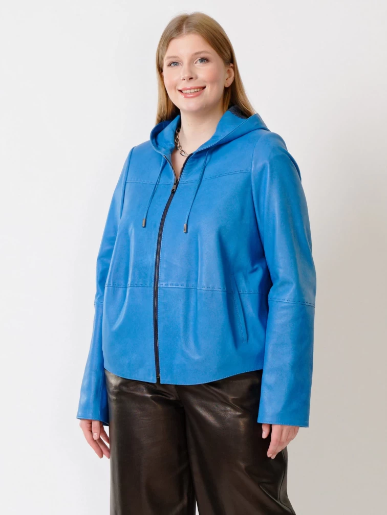 Женская кожаная куртка с капюшоном 308рс, голубая, размер 54, артикул 91221-2