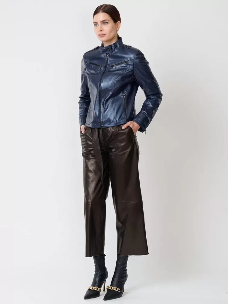 Кожаный комплект: Куртка женская 399 + Брюки женские 05, синий/черный, р. 44, арт. 111176-1
