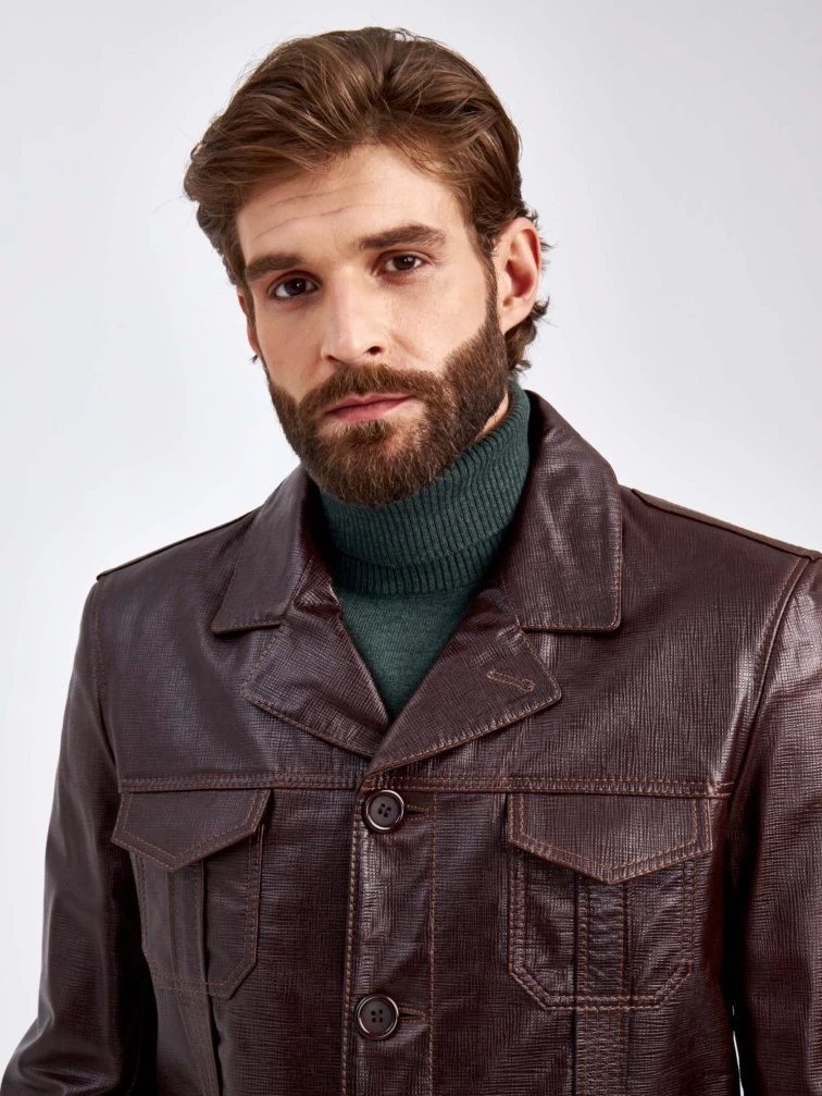 Короткий кожаный мужской пиджак 2010-7, коричневый, размер 48, артикул 29310-4