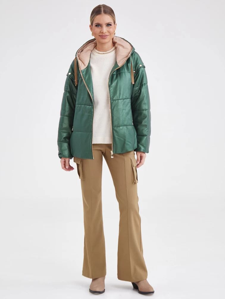 Утепленная кожаная куртка оверсайз с капюшоном премиум класса женская 3023, зеленая, размер 48, артикул 23330-4