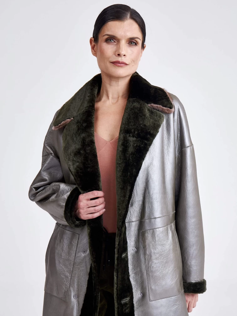 Женское двустороннее пальто из овчины с мехом норки 2017, хаки, размер 44, артикул 13760-3
