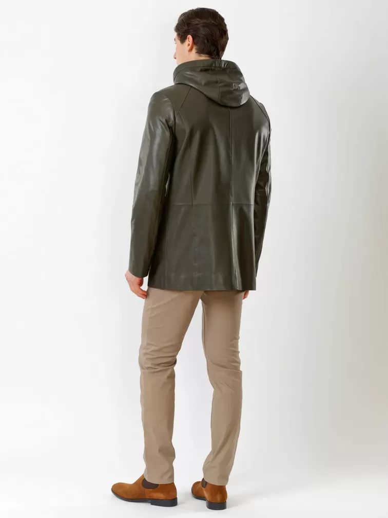 Кожаная куртка премиум класса мужская 552, с капюшоном, оливковая, р. 48, арт. 28760-4
